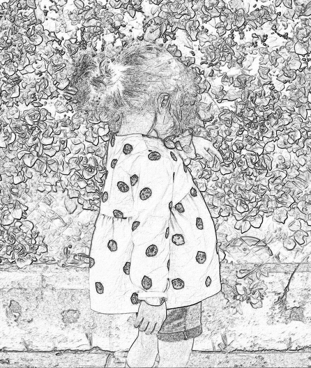 A cute little girl wearing a polka dot dress, with her back to the camera and standing in front of an old stone wall covered in flowers, is a simple coloring page for kids drawn in the style of thick lines and low detail without greyscale on a single color background of black and white.