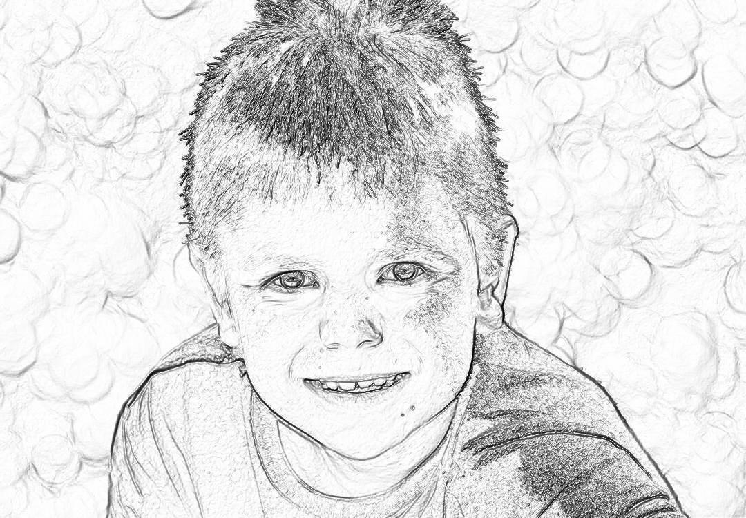 black and white line art headshot portrait of the boy, smiling with messy hair in short crew cut hairstyle wearing an oversized tshirt ,5 year old child, photorealistic, pencil drawing