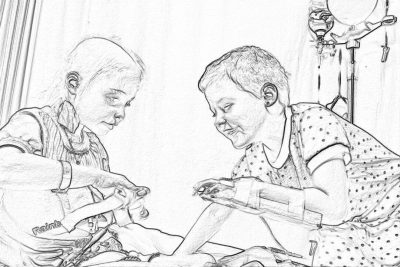 A mother and her child in the hospital, smiling as they sew together on their patient's leg with "vitalik" written across it. In the sketch style with black lines on a white background, the scene captures a moment of love between them amidst providing medical care. In the style of [Naoto Hattori](https://goo.gl/search?artist%20Naoto%20Hattori).