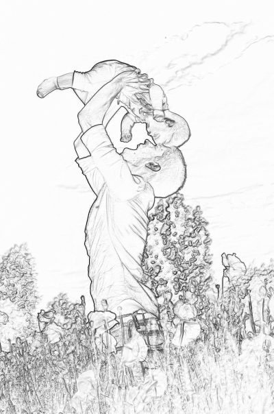 A simple black and white line art sketch shows an adult man lifting up his baby son in the air, both smiling joyfully as they stand on top of a grassy hill with trees behind them. The scene is set during daylight, with clear skies above. In front of them are wildflowers. This design could be used for coloring book pages or children's drawings. It captures one iconic moment between father and child that evokes love and nostalgia. The sketch is done in the style of a minimalist line art.