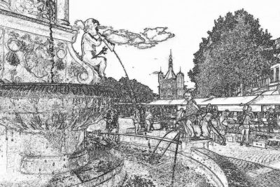 A pencil sketch of the Grasst McDonald FTERPTOP in Delft, with people watching him on an openair stage at Red vocagek market, and trees behind it. The statue is holding a long metal pipe from which smoke rises. In front there's an old wooden bridge over one side of busy square, where many public street vendors set up stalls selling various goods such as food or . There should be some buildings visible behind them, including the famous bell tower church. Black white line art. Vector style.