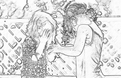 black and white line drawing of two girls hugging in the rain, one girl has curly hair and is wearing an open back dress with flower patterns on it, they stand behind glass doors, splashes from falling water droplets on them, coloring book page for kids with simple and clean lines without shading or grey fill, in the style of a line drawing.