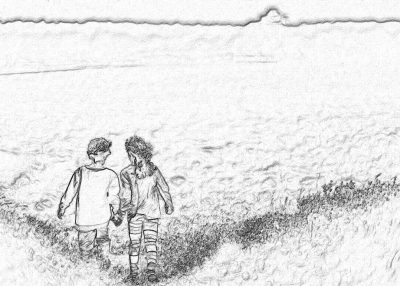 A pencil sketch of two young friends walking hand in hand along the beach, with a view to see their silhouettes against the backdrop of sand dunes and sea waves. The style is simple line art, capturing details like hair texture on both children's heads, and facial expressions that convey friendship between them. In front of them lies a patchy grass field, adding depth to the scene. This drawing emphasizes minimalism while maintaining clarity for coloring, focusing only on outlines without shading or shadows.