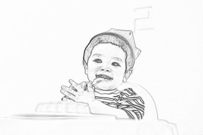 A baby sitting in a high chair eating, with a happy expression, in the style of a pencil sketch. Simple lines on a white background and white paper. A simple black and white drawing of the child's face. The picture is a little big. There should be no other elements around it. No text or characters were added to highlight only the one character.