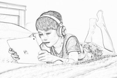 Black and white sketch of a young boy lying on his bed, wearing headphones while playing with the iPad in front of him. The background is blurred to focus attention on the boy's face and hand holding the iPad. It should look like it was drawn in the style of a child, with black lines only and no colors.