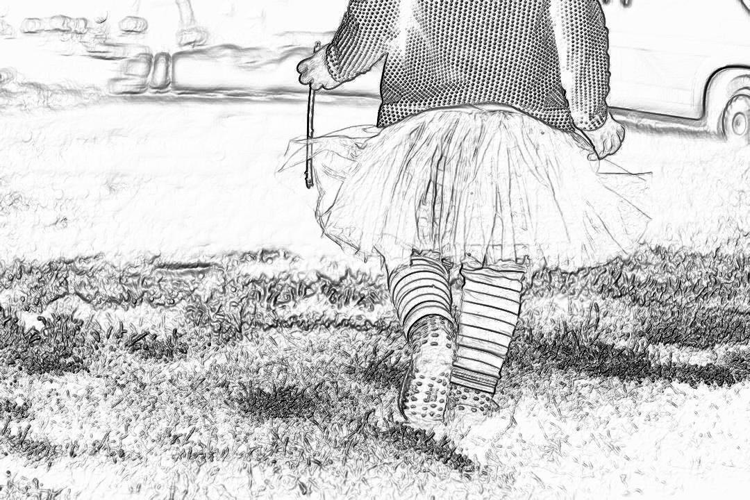 Black and white pencil sketch storyboard of little girl wearing short tutu skirt, striped tights , walking on grass in the park, holding fairy wand