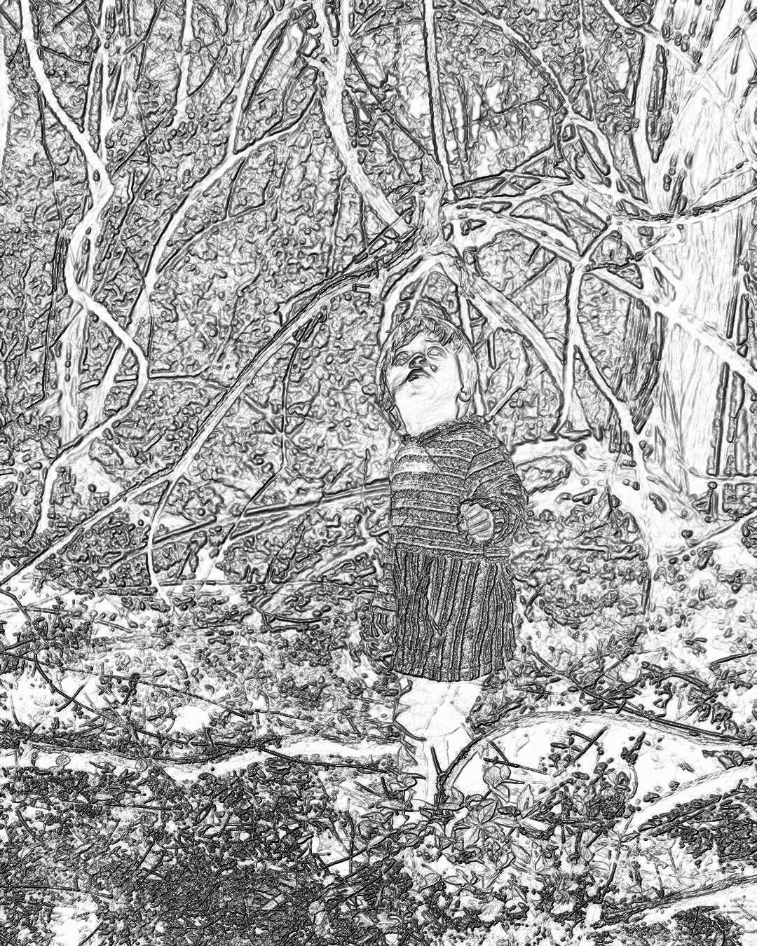 A young boy wearing an old sweater stands in the woods, surrounded by thick branches and snowcovered ground., black pencil drawing with white background, 2d flat style, simple, low detail , no shading