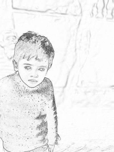 A simple sketch of an adorable little boy, standing in front of the camera with his face turned towards it and looking ahead. The background is blurred and white, creating space for coloring on paper or drawing a portrait of him. He has short hair and wears long sleeves, his expression calm as he gazes directly ahead, ready to be colored in the style of hand. This charming scene captures my imagination as I imagine painting a colorful picture that brings out his personality and charm.