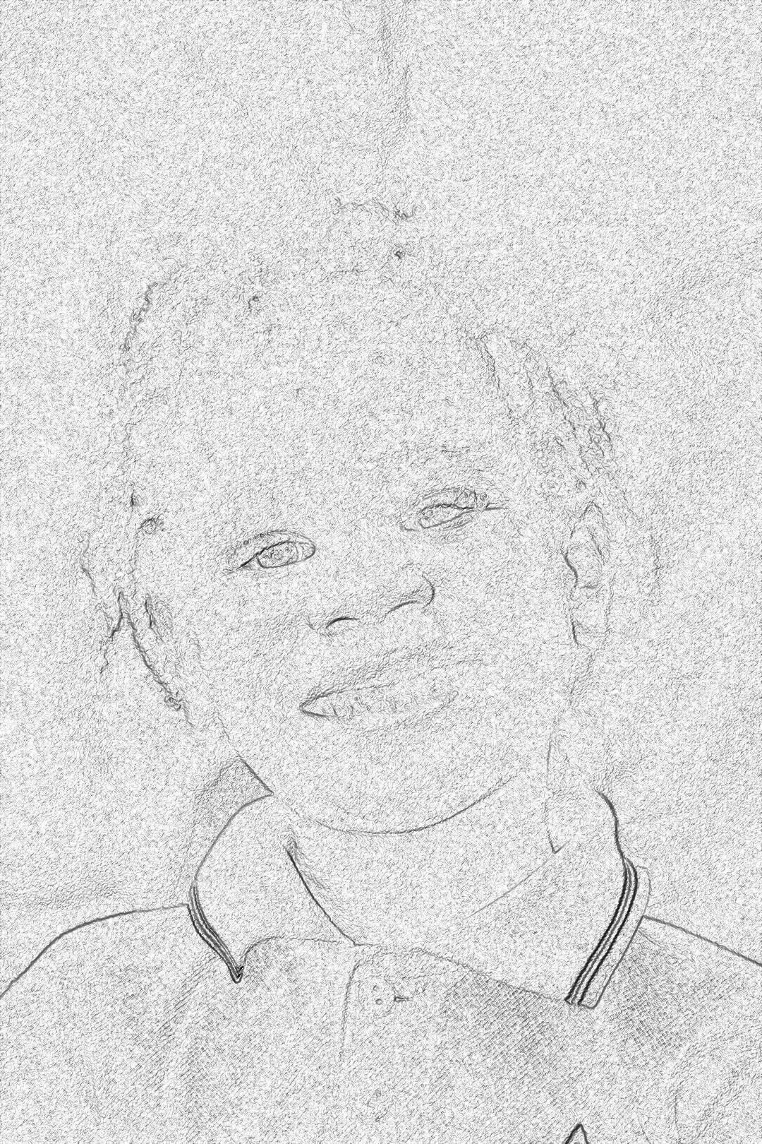 A simple sketch of an African child, dressed in a football jersey, smiling slightly at the camera. The background is a plain white with no text or images to isolate focus on the face. Emphasize clean lines and subtle shading for depth, using pencil as the drawing medium. The portrait should capture natural light that highlights facial features without any shadows being cast by the sun. Black and white line art in the style of minimal editing of the original text.