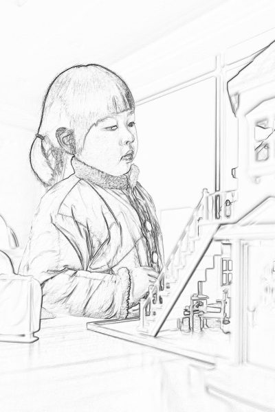 Pencil sketch of an Asian child playing with toy architecture in the kitchen, using simple lines on a white background in the style of a pencil drawing with soft shading in the style of a children's book illustration. It has a thick outline and uses black and gray tones with high detail against a flat light and solid white background, showing multiple buildings on the table.