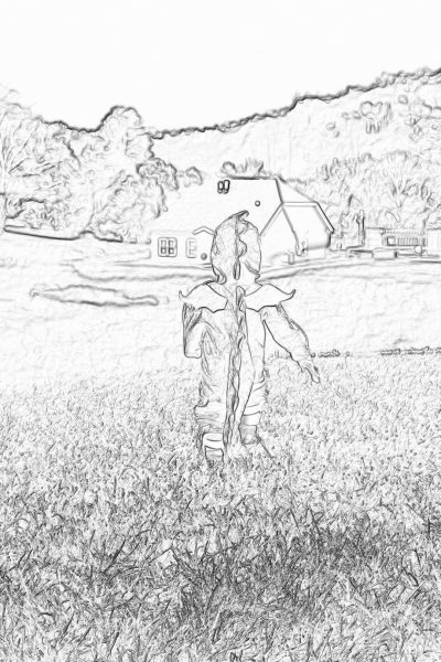 Pencil drawing sketch of the Scarecrow standing in an English field, with a farmhouse and trees visible behind him. The background is blurred to focus on his figure. He's holding up two large ears made from straw, symbolizing animal power or agility. A simple, elegant line art style that captures details like shadows, highlights, and textures for coloring book. Black lines on a white background vector illustration, Isolated on a pastel background.