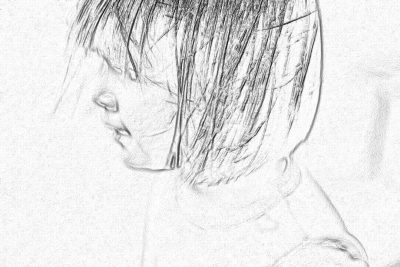 a pencil sketch of an asian toddler girl with short hair, side profile, hair covering half her face, white background, low angle shot, rough drawing style, simple lines, no shading, monochrome, high contrast, soft lighting,