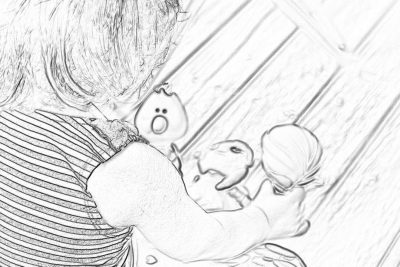 Black and white storyboard line rough sketch, simple pencil drawing of A mother holding her baby in one hand while she is playing with two small angry goonies toys on the other side. wooden background