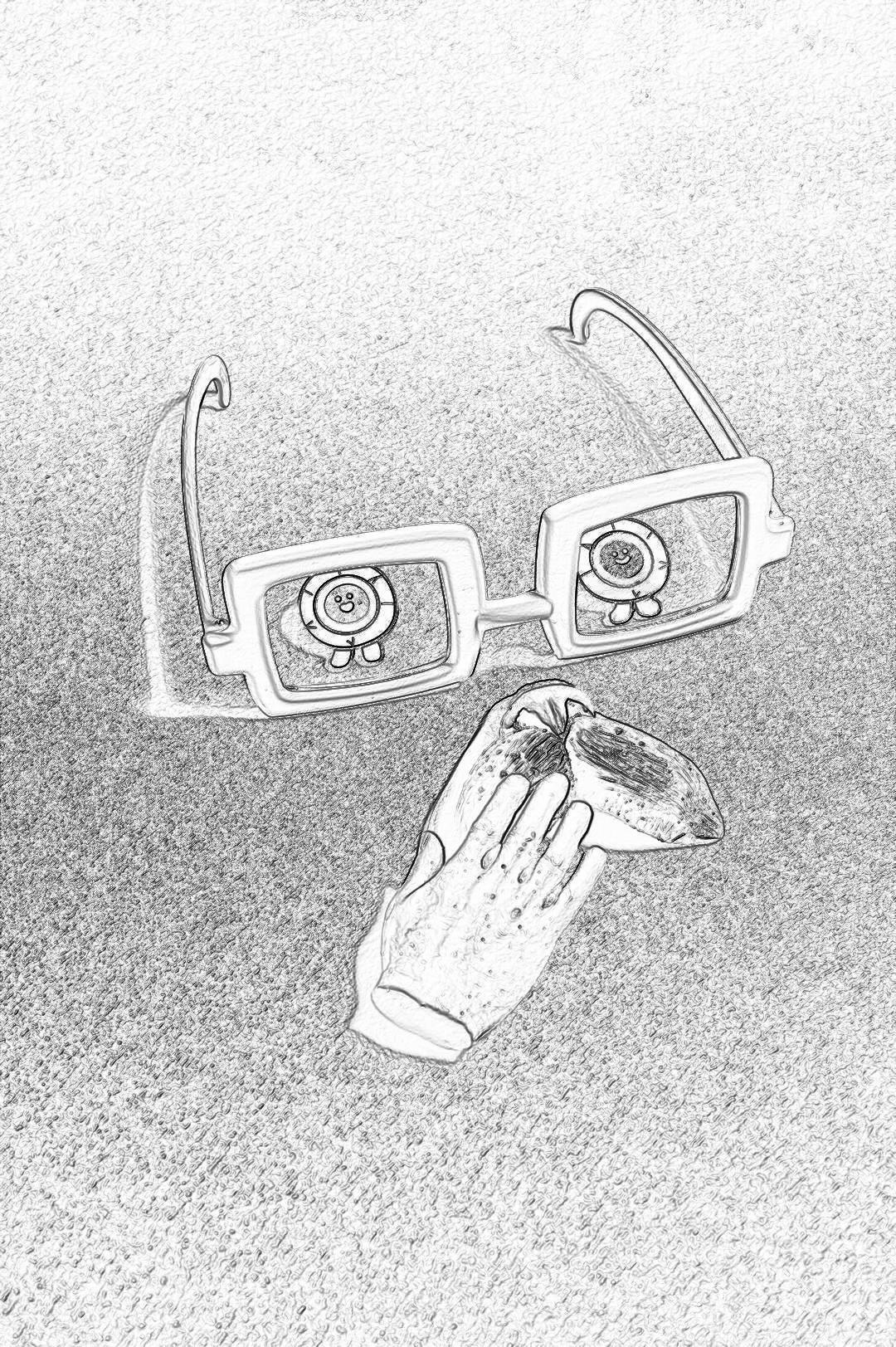 A pair of glasses with two cartoon-style eye lenses, lying on the ground next to an empty cup in black and white line art style. The background is a textured surface with visible pencil strokes. A hand reaching out from below touches one lens while another finger looks inside through it in the style of.