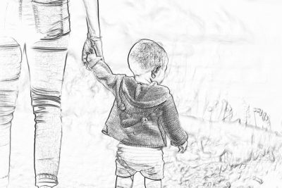 Black and white pencil sketch of a baby boy holding his mother's hand, walking in the park. The child is wearing jean shorts with a long-sleeved top and has short hair. Seen from the front. No background, just a blurred sky and trees.