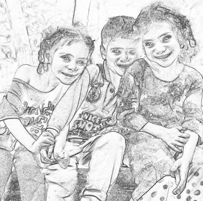 3 children smiling, posing for the camera. Pencil drawing style, simple with a white background in the style of a colouring book page.