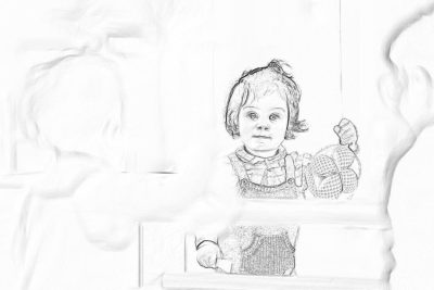 A pencil drawing of an adorable toddler girl sitting on her high chair, looking at the camera and holding up one hand to show off two fingers, with a white background. The baby's intricate patterns. She has short hair and is wearing a frilly dress. There is a wooden window frame in front of her. A white wall behind the door. A black ink drawing in the style of a high contrast, detailed illustration.