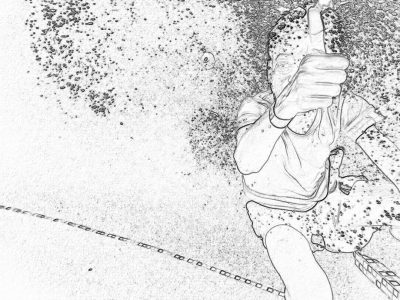 Black and white line drawing of an athlete giving a thumbs up on a running track, with sand particles scattered around for texture. The background is clear to highlight their pose and expression. This scene symbolizes success in sports competition or personal achievement, focusing attention on movement and action. The drawing is in the style of focus stacking.