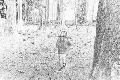 Black and white pencil sketch storyboard of little girl running in the forest, wearing backpack full with children's toys like stuffed animals, dolls, wooden blocks and sand puggs. The ground is covered by pebbles. In front of her there are two big tree trunks on each side, and she walks between them. No people around.