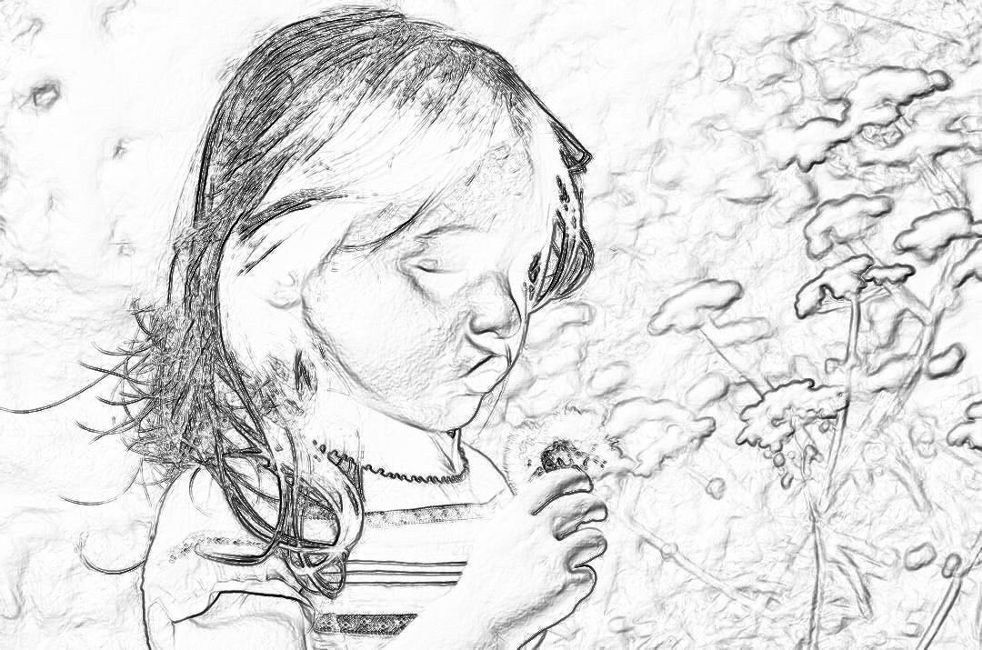 A little girl blowing on a dandelion flower, in the style of a pencil sketch.