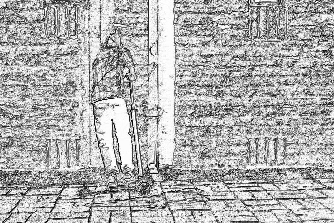 Black and white storyboard line rough sketch, simple pencil drawing of a young man with crutches standing next to the door in front of an old building on a cobblestone street. The drawing is in the style of a minimalist sketch.