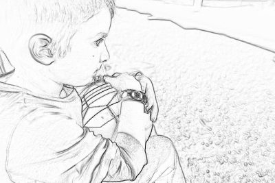 A young boy sitting on the ground, eating popcorn while watching his friend play with an air hallway. A pencil sketch of one child holding and licking ice cream from its bowl, in front view angle, capturing the moment when he eats it without touching the cup. The background is blurred to focus attention on him, with the colors black and white, in the style of a high resolution, detailed drawing.