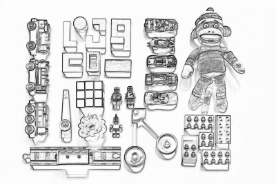 a black and white line drawing of legos, blocks, parts from the toy truck with sylvanian families baby doll monkey in it's arms, "LIEVIN" is written on one part