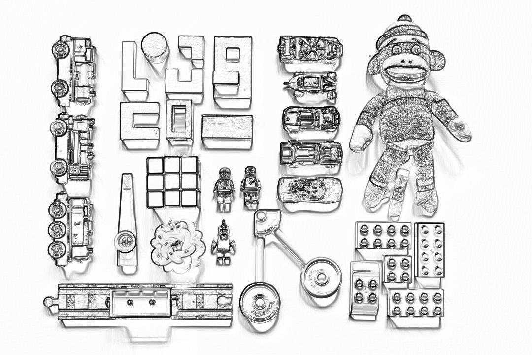 a black and white line drawing of legos, blocks, parts from the toy truck with sylvanian families baby doll monkey in it’s arms, “LIEVIN” is written on one part