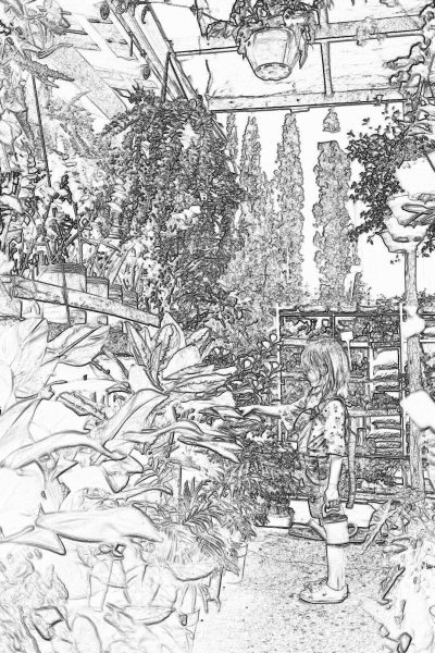 A girl exploring the garden of an old greenhouse, surrounded by various plants and flowers. A coloring page for girls aged 3-8, with thick lines and no shading, in the style of thick lines.