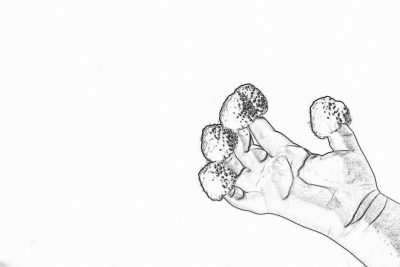 A hand holding some small cookies, simple drawing style, white background, line art, simple lines, minimalism, monochrome, low detail