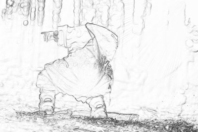 simple pencil sketch, full body of an elephant dressed as jester with long tail, dancing in the rain, zoomed out view from behind