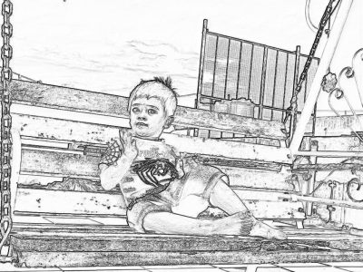 Black and white line drawing, a cute baby lying on the bench of an amusement park's wooden ride, wearing tiger shorts with stripes. The background is a large metal chain swing hanging from above. He has short hair and bright eyes. His hands have a handkerchief tied around his wrist. A colorful poster adorns one side of him. High resolution, high quality, detailed. In the style of a coloring page. Black lines only, no gray filling.