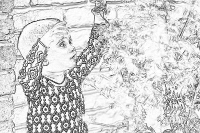 A black and white drawing of an adult woman in traditional Palestinian , she is watering plants with her hand over the head and smiling, on a stone wall background, a full body shot from a low angle. Drawn in the style of Taro Gomi. A light smile adorns her face as she carefully waters each plant from above, using water droplets to form delicate patterns that dance across nature's canvas. An ink art style, a simple sketch design, with high resolution.