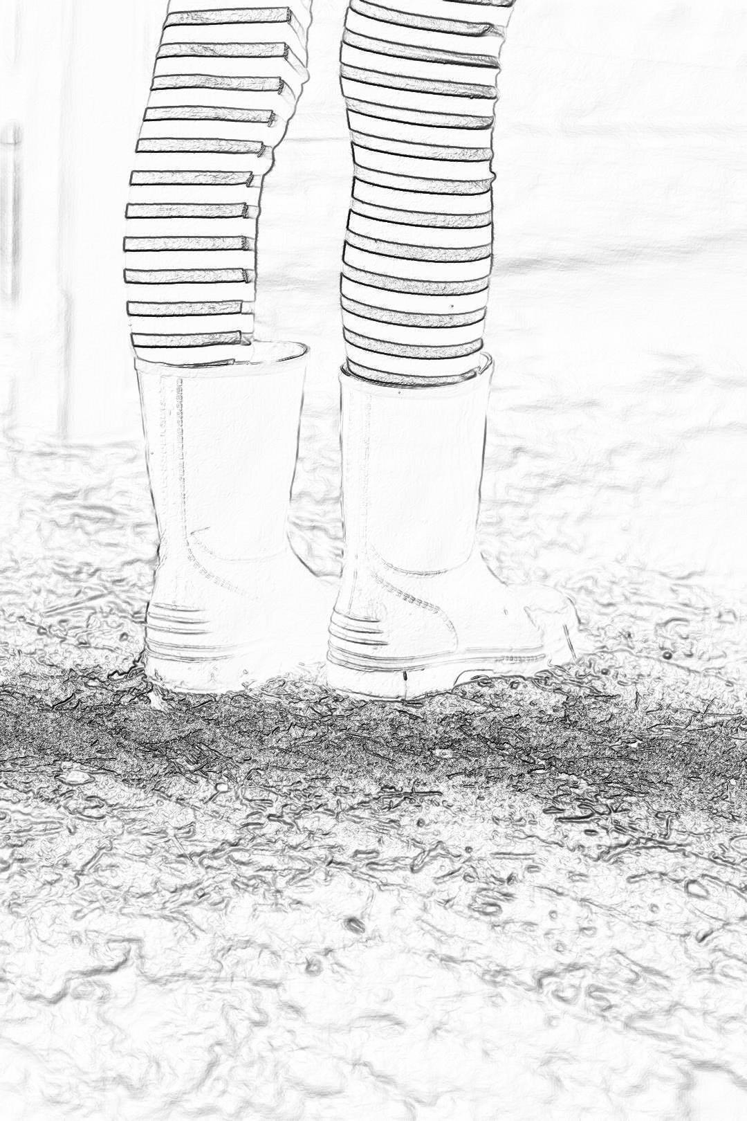 Black and white pencil sketch, full body shot of a girl wearing striped tights underneath tall rain boots and white leather high top shoes. Simple lines with a clean background and a low angle close up view with depth of field, in the style of the artist.