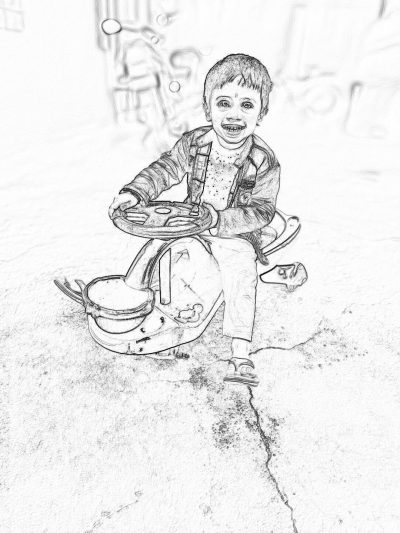 Black and white pencil sketch of a happy smiling boy sitting on a toy ride with wheels, playing in the street, in a full body shot, with simple lines, in a flat design, with high contrast, isolated background, in the style of a children's book illustration, high resolution, high quality drawing, with sharp focus, high detail.