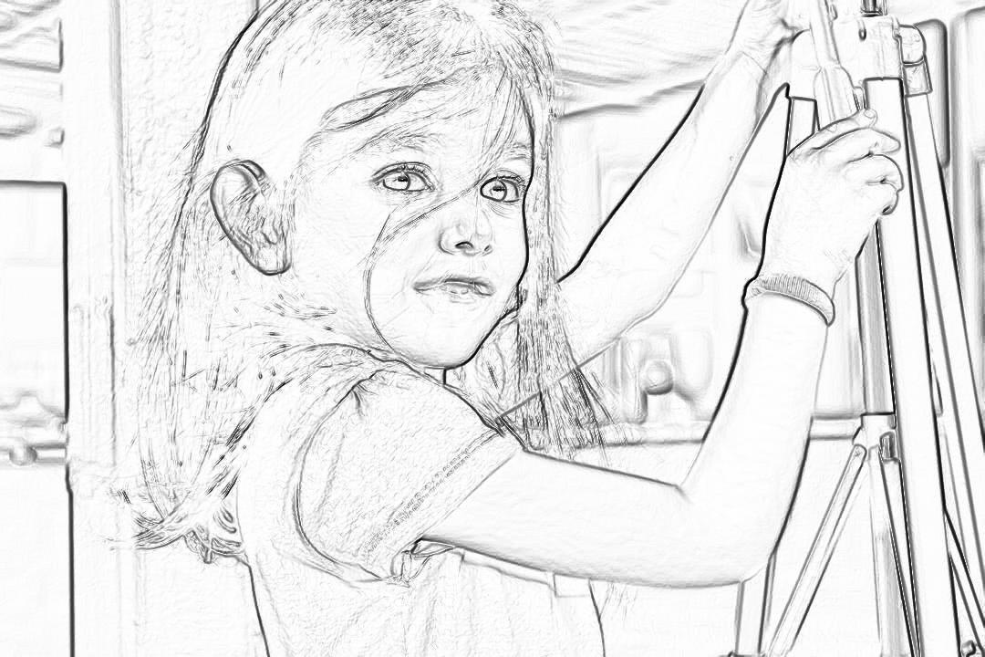 coloring page for kids, a girl drawing on an easel in the style of Pixar, with thick lines and low detail, in black and white with no shading