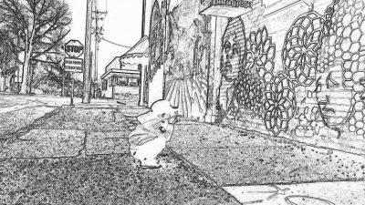 Black and white line drawing of an anthropomorphic lemming dressed as Big Boi, spray painting graffiti on the side wall of The Edmondson's Creed context in an urban setting. In front is an empty street with a sidewalk. No people are visible. No cars or pedestrians. In the style of Pixar animation, with high contrast and monochrome colors. Realistic shadows and a cinematic composition.