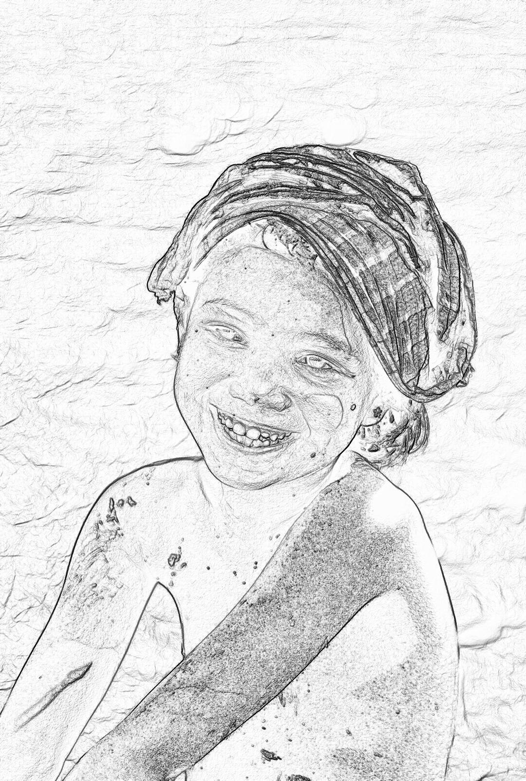 A simple black and white line drawing of an African child smiling with freckles on his face, wearing a towel wrapped around her head after swimming in the sea. The background is a light gray stone, with a full body portrait showing a happy expression drawn with simple lines and high contrast between dark circles and skin texture. The child has clear facial features and delicate details. The drawing is done in the style of simple lines and high contrast between dark circles and skin texture.