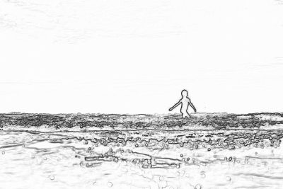 simple line drawing of a tiny person walking on the beach, with simple shapes and low detail in black and white on a white background, with water ripples and in the style of a children's book illustration or cartoon style, with simple lines and a low resolution on a small canvas size and a clean white background and a simple design with no shadows