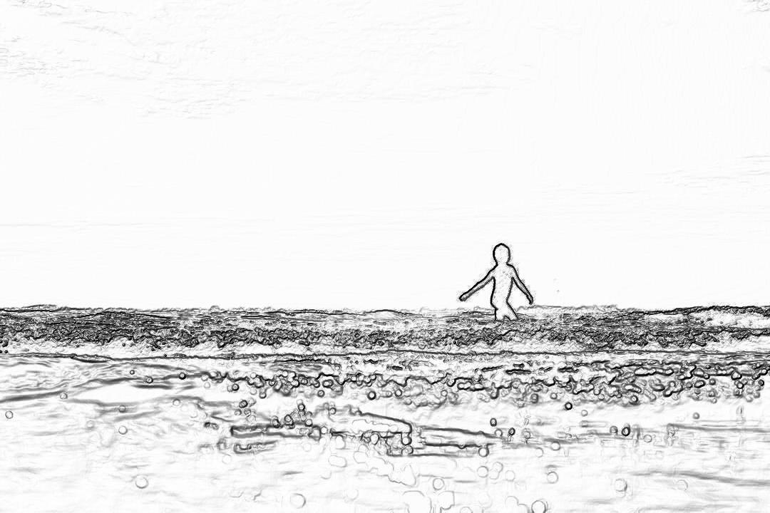 simple line drawing of a tiny person walking on the beach, with simple shapes and low detail in black and white on a white background, with water ripples and in the style of a children’s book illustration or cartoon style, with simple lines and a low resolution on a small canvas size and a clean white background and a simple design with no shadows