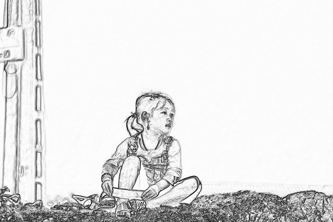 A little girl sits on the ground playing with toys, simple drawing style, white background, pencil lines, high resolution, high quality, high detail, black and white sketching sketch, low details, low contrast, low saturation, low noise, professional photography, professional lighting, professional illustration, professional drawing