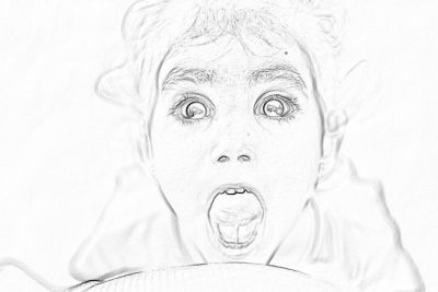 A pencil sketch of an extremely surprised child's face, eyes wide open and mouth agape in fear as they gaze at something scary or unusual., sitting behind the wheel of their car with white background, high detail, high resolution, style artstation