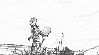 A black and white line drawing of an American boy with no hair wearing armor carrying his skateboard on the beach, simple, minimalistic, low detail, in the style of a cartoon, white background, full body shot, wide angle view.