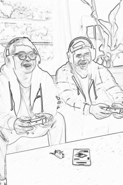 A simple black and white line drawing for an adult coloring book of two happy men playing video games on the couch. One man is wearing glasses with headphones and has short hair, the other wears a baseball cap and smiles while holding a controller. There are some game consoles laying around them, in the style of a minimalist drawing.