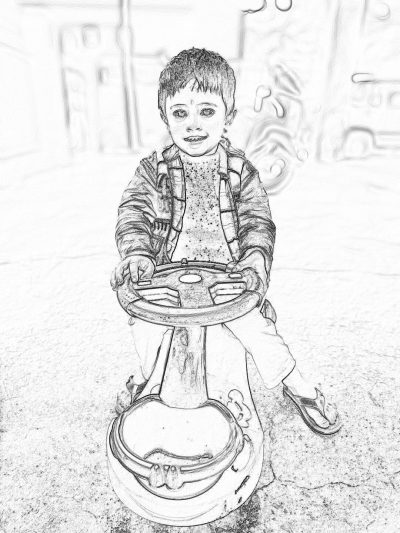 A cute little boy sitting on top of a fire hydrant in the style of a pencil sketch, with a happy expression, playing with toy car wheels in a playground background drawn in the style of a pencil drawing with simple lines in the style of a children's book illustration, with high resolution, high detail, and high quality as a full body portrait in black and white without shading.