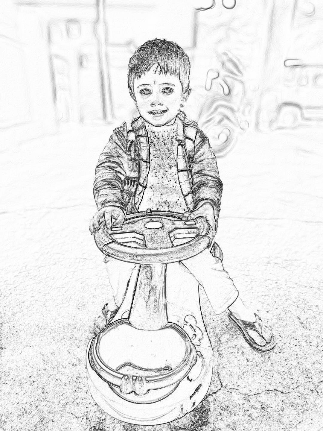 A cute little boy sitting on top of a fire hydrant in the style of a pencil sketch, with a happy expression, playing with toy car wheels in a playground background drawn in the style of a pencil drawing with simple lines in the style of a children’s book illustration, with high resolution, high detail, and high quality as a full body portrait in black and white without shading.