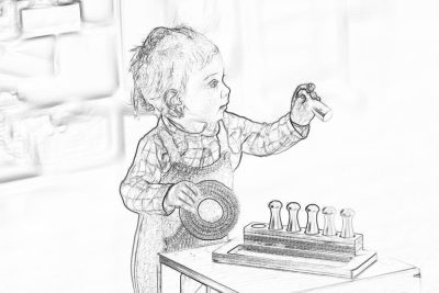 a rough pencil sketch of an toddler playing with Montessorilike toys on the table, in black and white