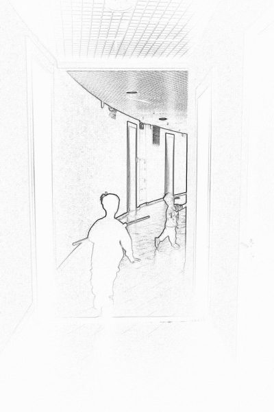 A simple pencil drawing depicts two boys running down a school hallway indoors. One boy is holding onto a door frame while the other looks back at him with a fearful expression on his face. The line art style is minimalistic with a white background, low details, no shadows, and simple lines and shapes without shading or texture. The drawing is done in the style of simple pencil sketches.