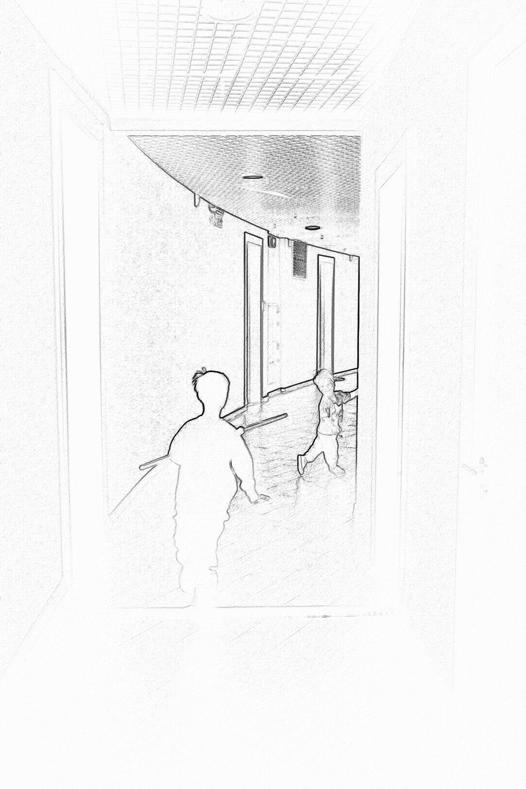 A simple pencil drawing depicts two boys running down a school hallway indoors. One boy is holding onto a door frame while the other looks back at him with a fearful expression on his face. The line art style is minimalistic with a white background, low details, no shadows, and simple lines and shapes without shading or texture. The drawing is done in the style of simple pencil sketches.