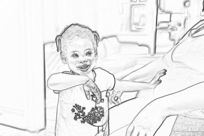 A black and white drawing of an African American toddler girl smiling, wearing cute  with flower patterns on them while reaching out to touch her mother's leg in the hospital room. The scene is depicted as a full body illustration. It captures both their happy expressions. Drawn in the style of [Steve Dillon](https://goo.gl/search?artist%20Steve%20Dillon), with sharp inked comic lines and pencil sketching for texture against a simple background, using a perfect color palette.